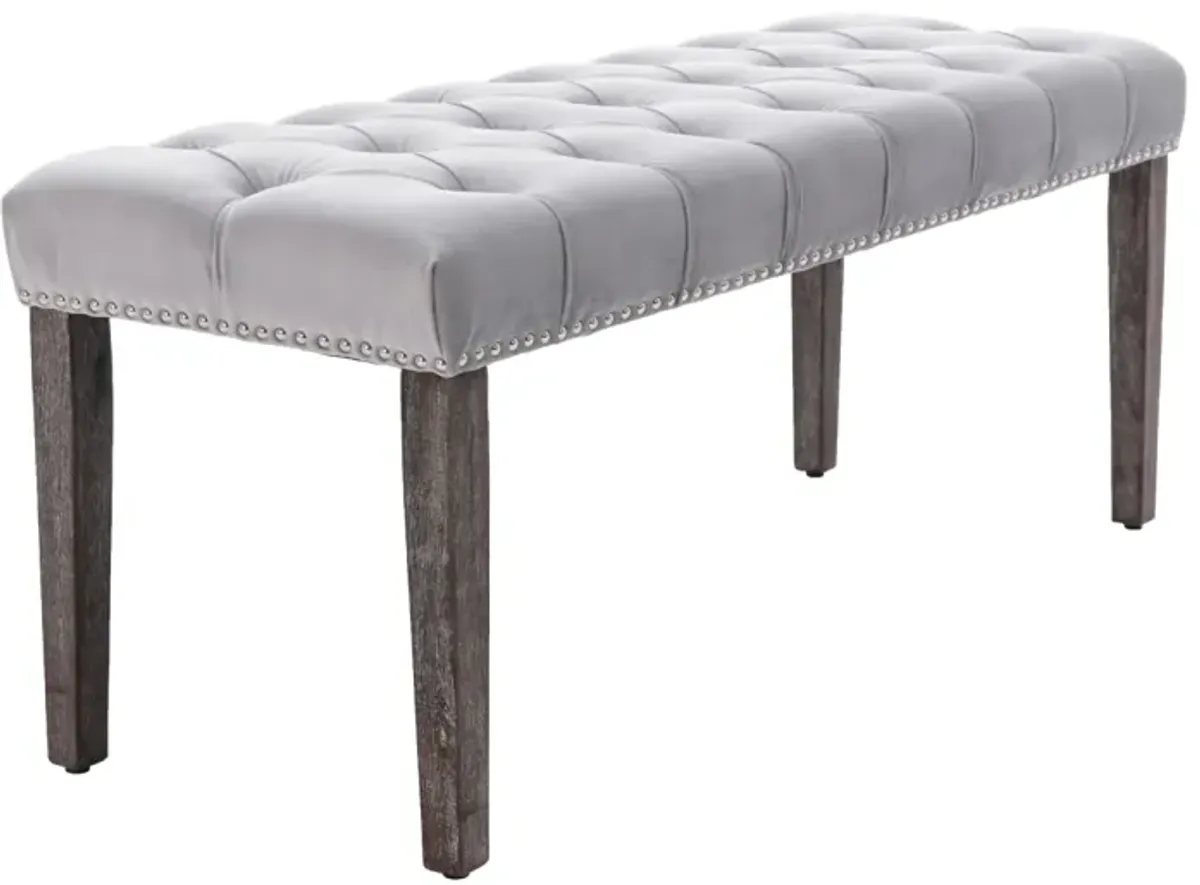 Velvet Tufted Bench Ottoman, Light Gray