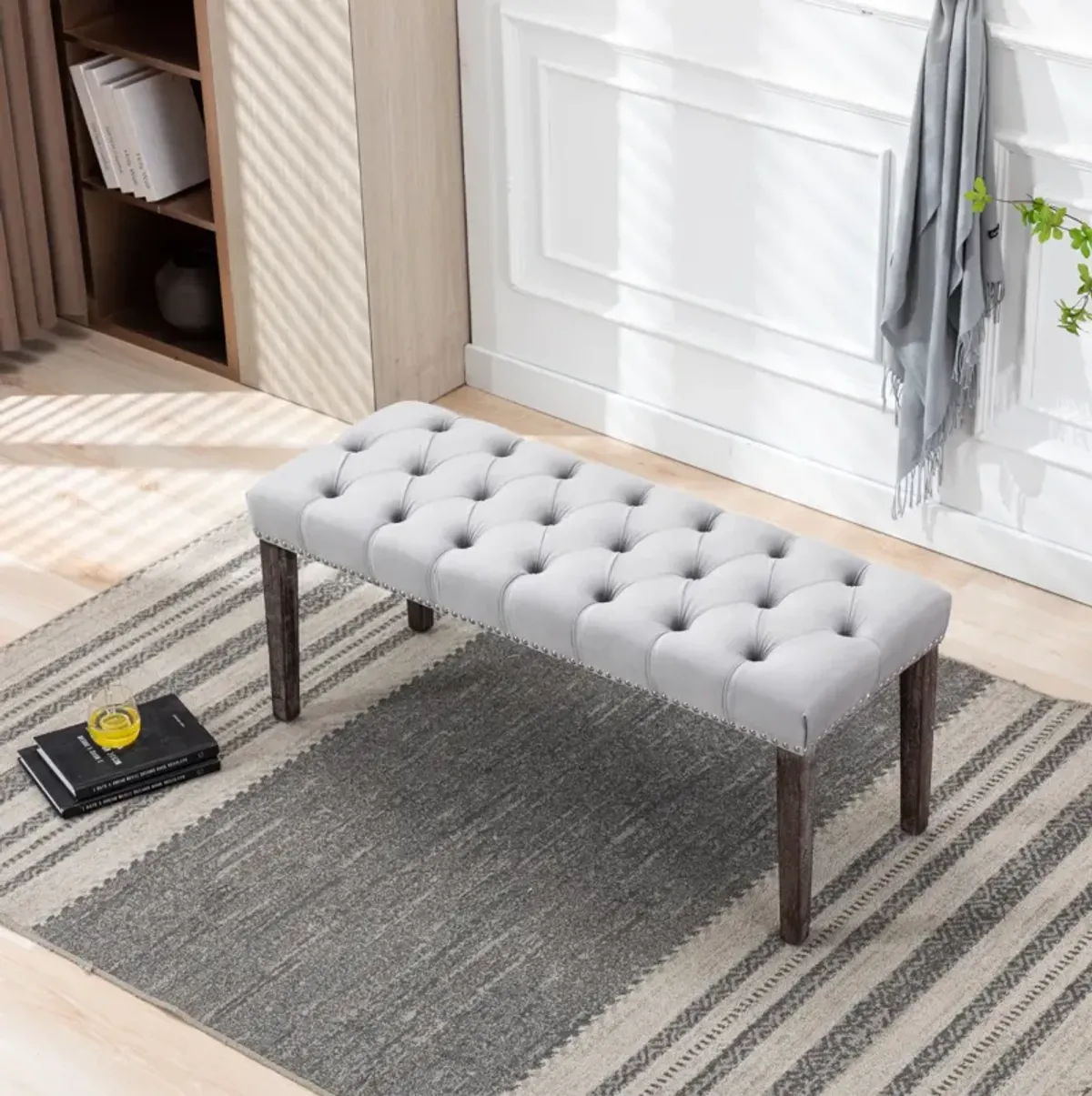 Velvet Tufted Bench Ottoman, Light Gray