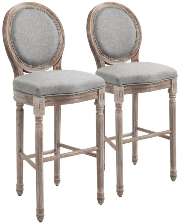 Grey Vintage Bar Stools: Set of 2 Wood Stools with Linen Cushions, 29.5" Seat Height