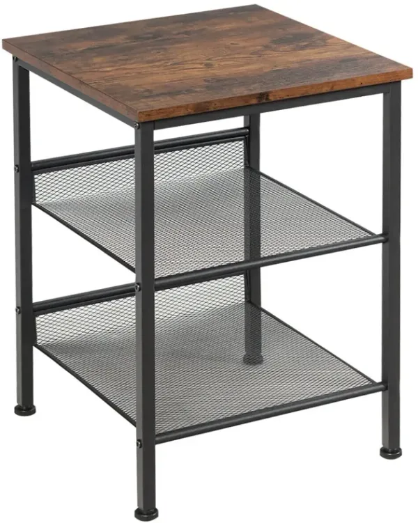 3-Tier Industrial End Table with Mesh Shelves and Adjustable Shelves