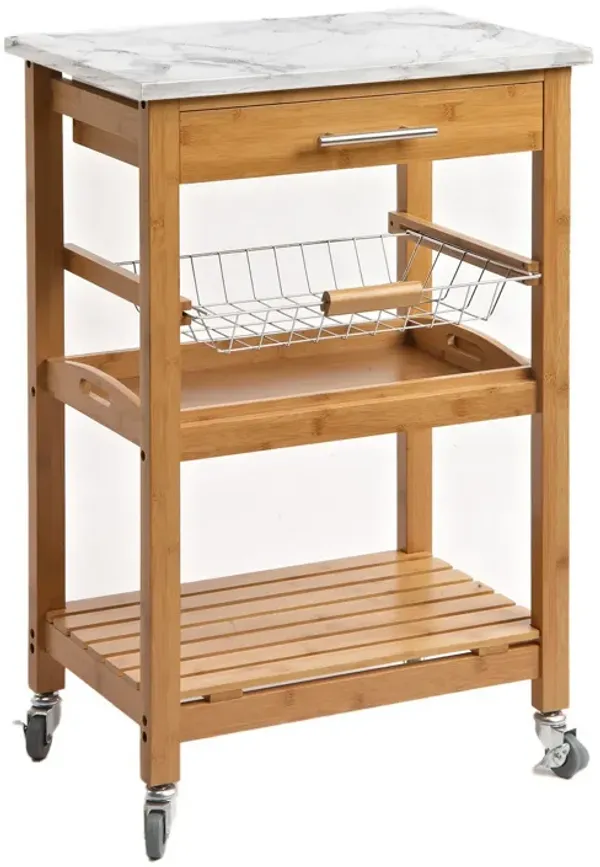 Jude Rolling Kitchen Bar Cart, 2 Shelves, Faux Marble, Brown Bamboo - Benzara