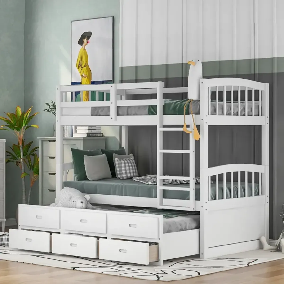 Twin Over Twin Wood Bunk Bed With Trundle And Drawers