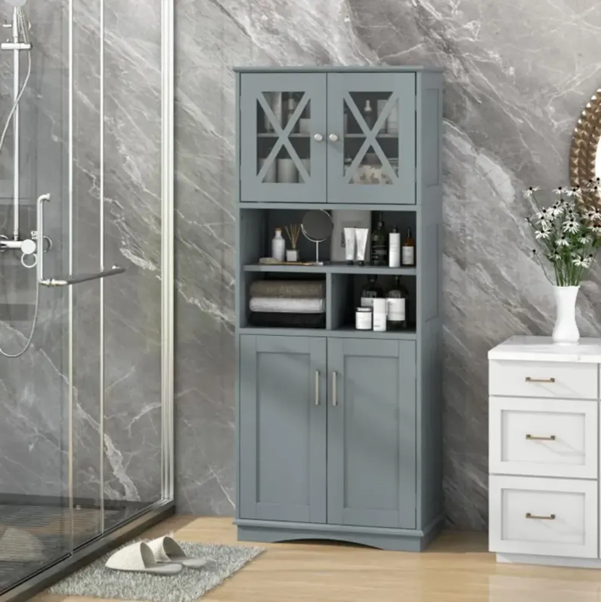 Hivvago Tall Bathroom Cabinet Large Floor Storage Cabinet with Acrylic Doors and 3 Cubes