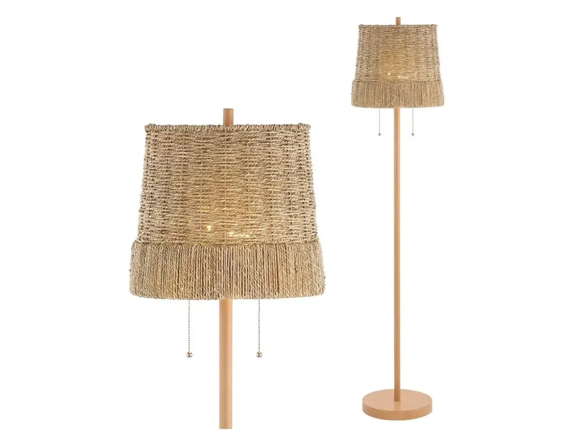 Ocata 2-Light Coastal Bohemian Iron/Rattan LED Floor Lamp with Pull-Chain