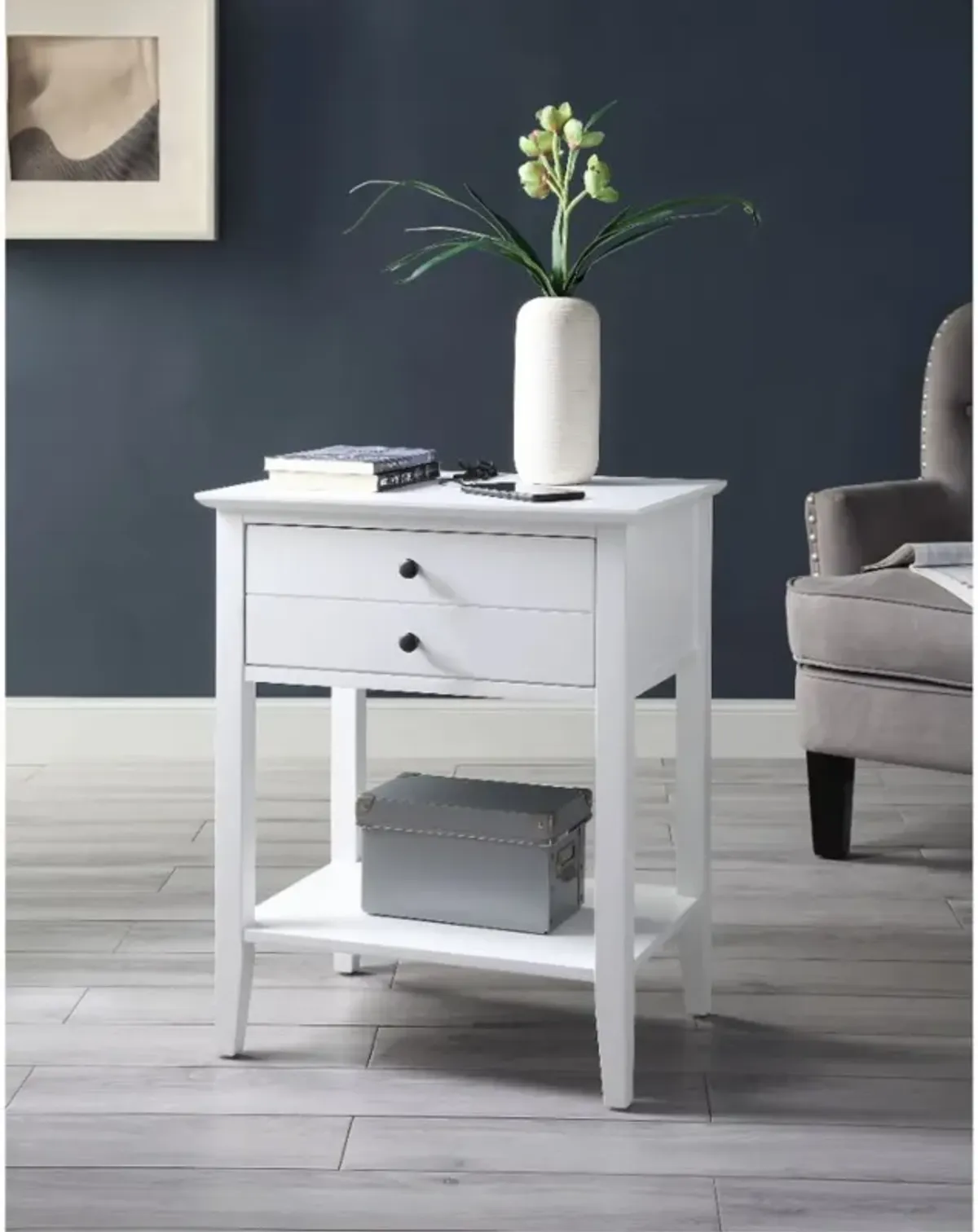 Acme Grardor Wooden Side Table with USB Charging Dock in White