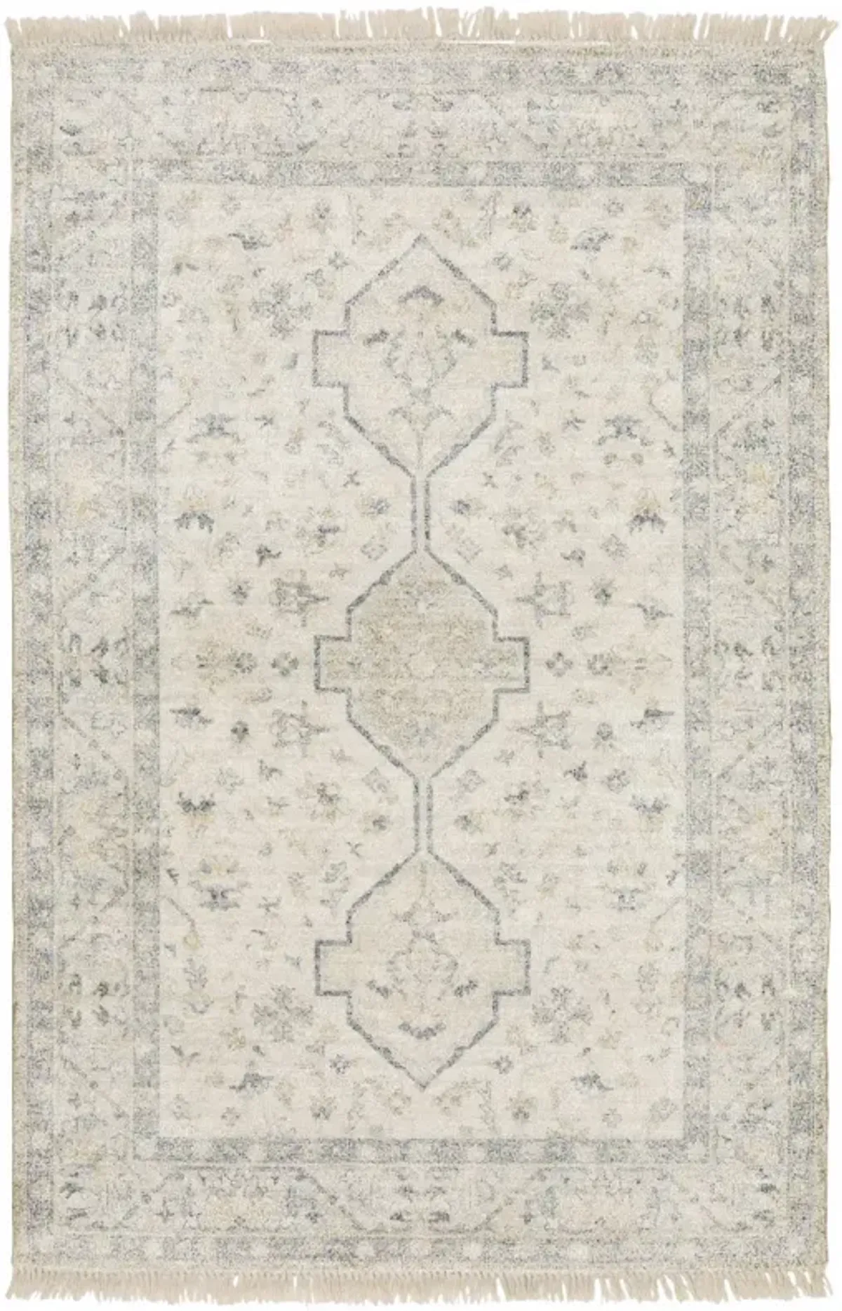5 X 8 Beige And charcoal Oriental Hand Loomed Stain Resistant Area Rug With Fringe