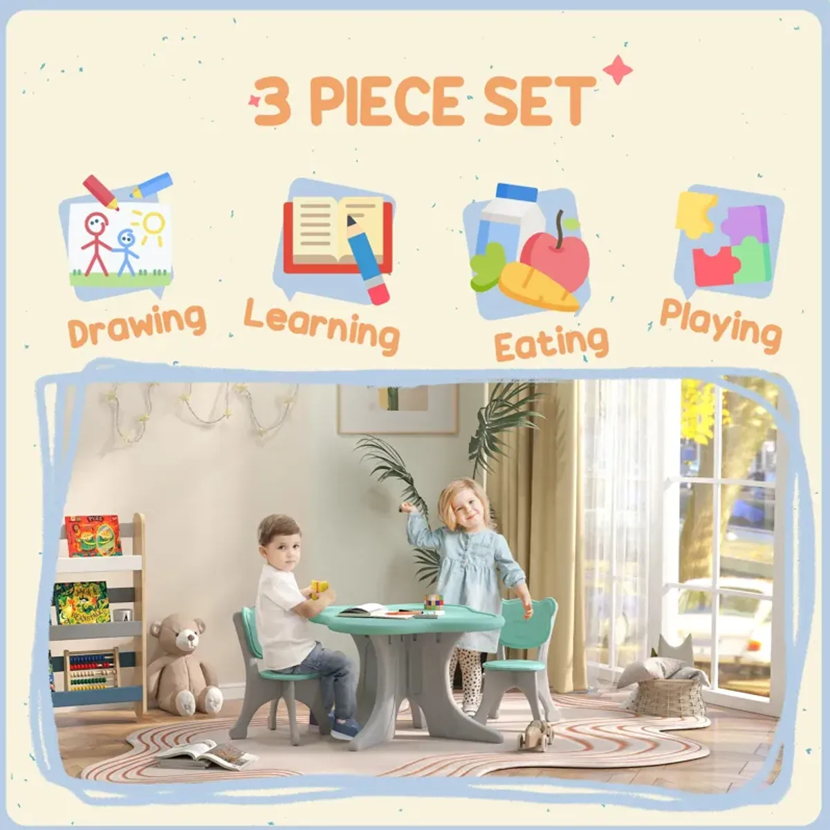 Qaba Kids Table and Chairs Set, 3 Piece Toddler Table and Chair Set for 3-6 Years Old, Light Blue