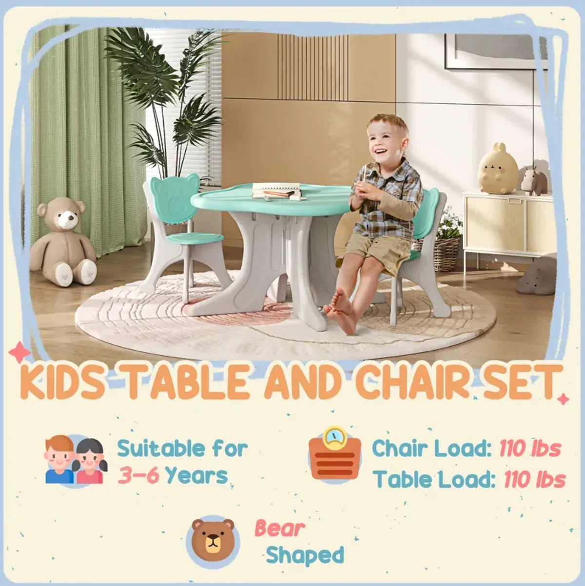 Qaba Kids Table and Chairs Set, 3 Piece Toddler Table and Chair Set for 3-6 Years Old, Light Blue