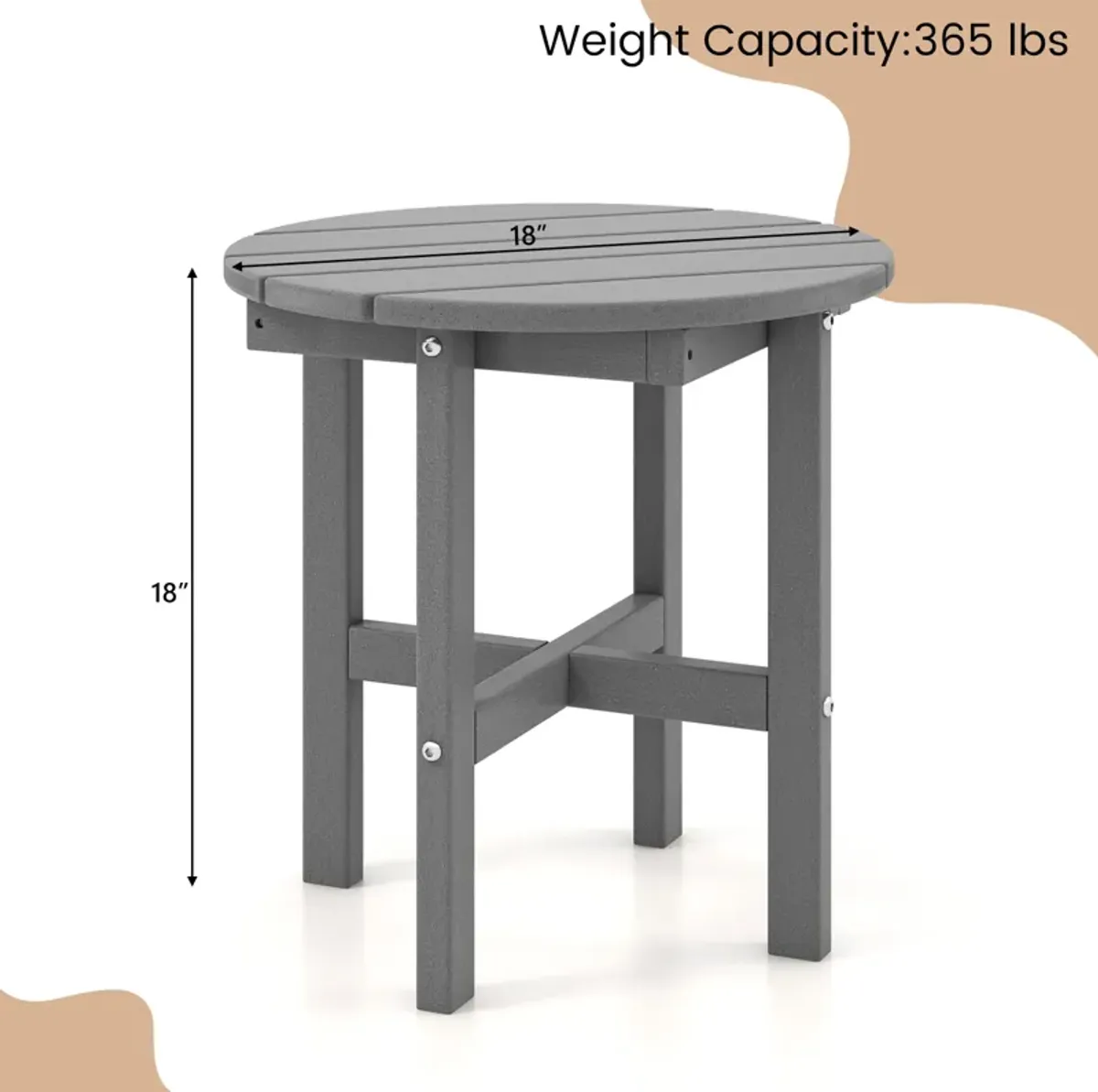 18 Inch Adirondack Round Side Table with Cross Base and Slatted Surface-Grey