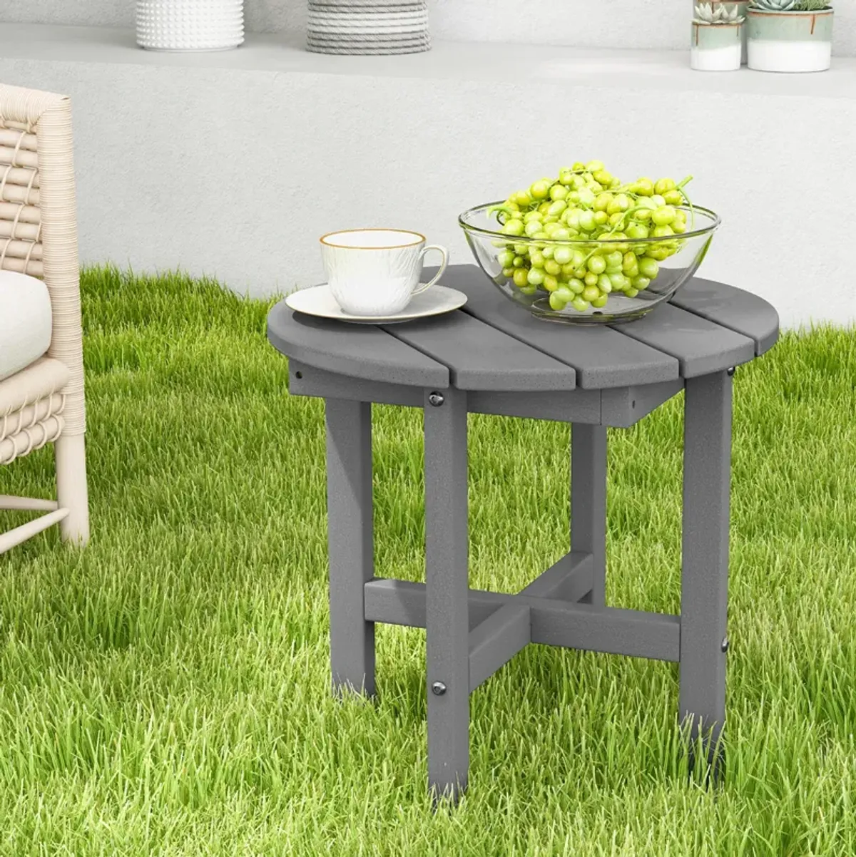 18 Inch Adirondack Round Side Table with Cross Base and Slatted Surface-Grey