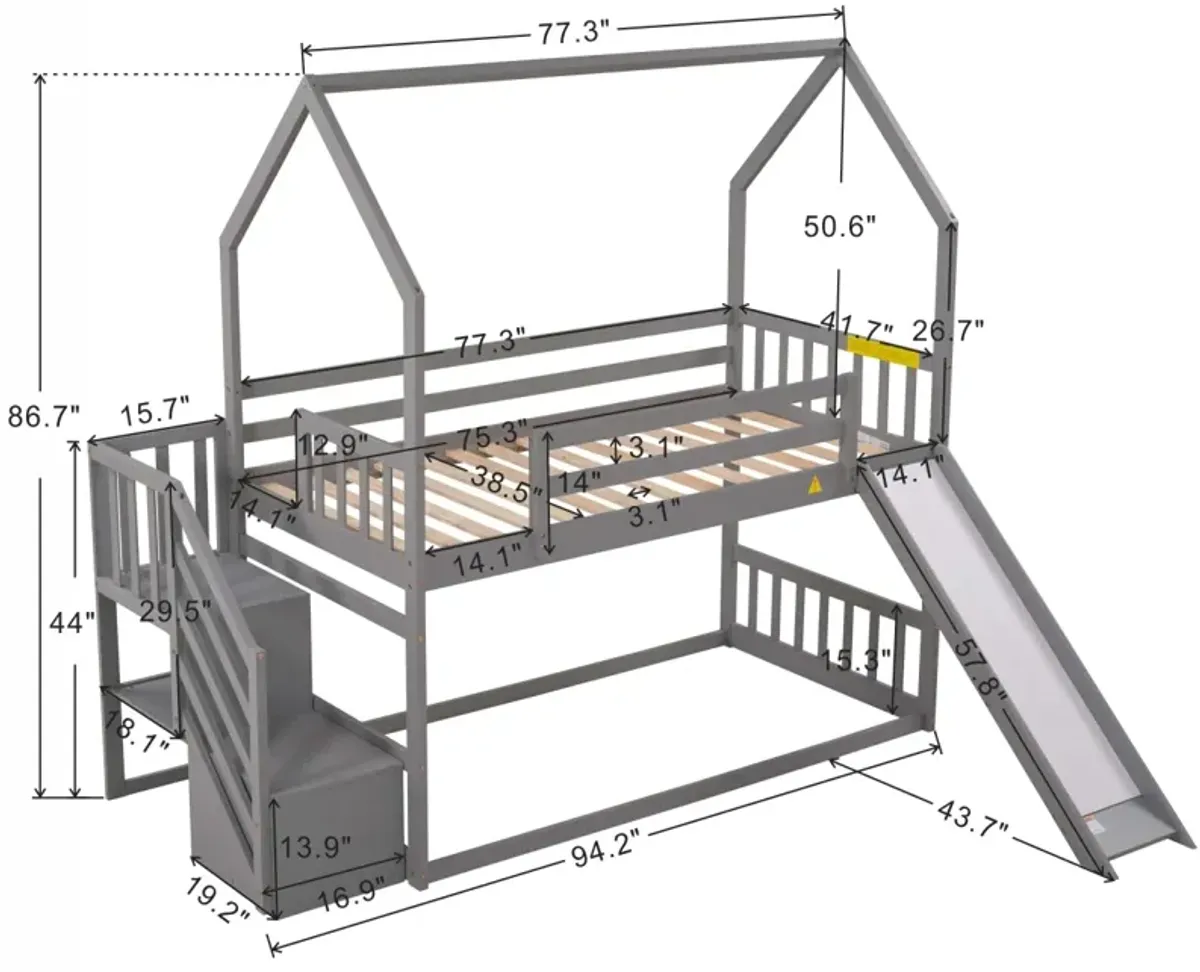 Twin Over Twin House Bunk Bed With Convertible Slide, Storage Staircase