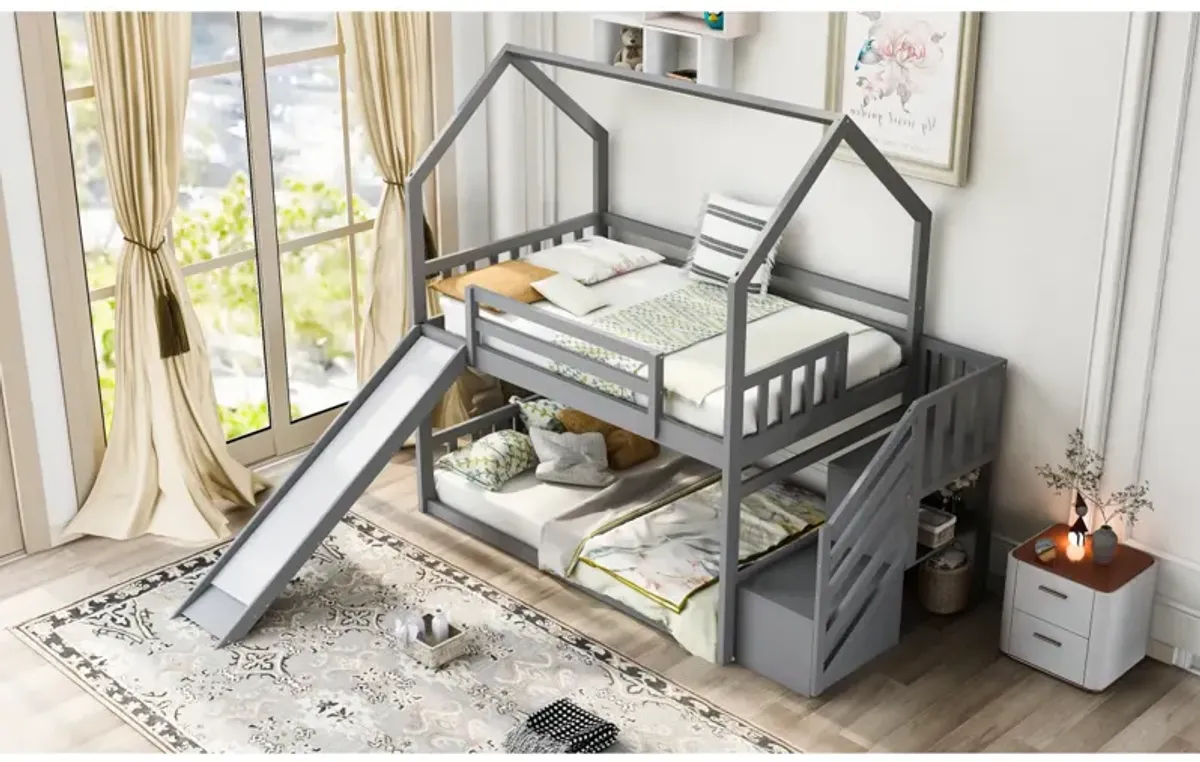 Twin Over Twin House Bunk Bed With Convertible Slide, Storage Staircase