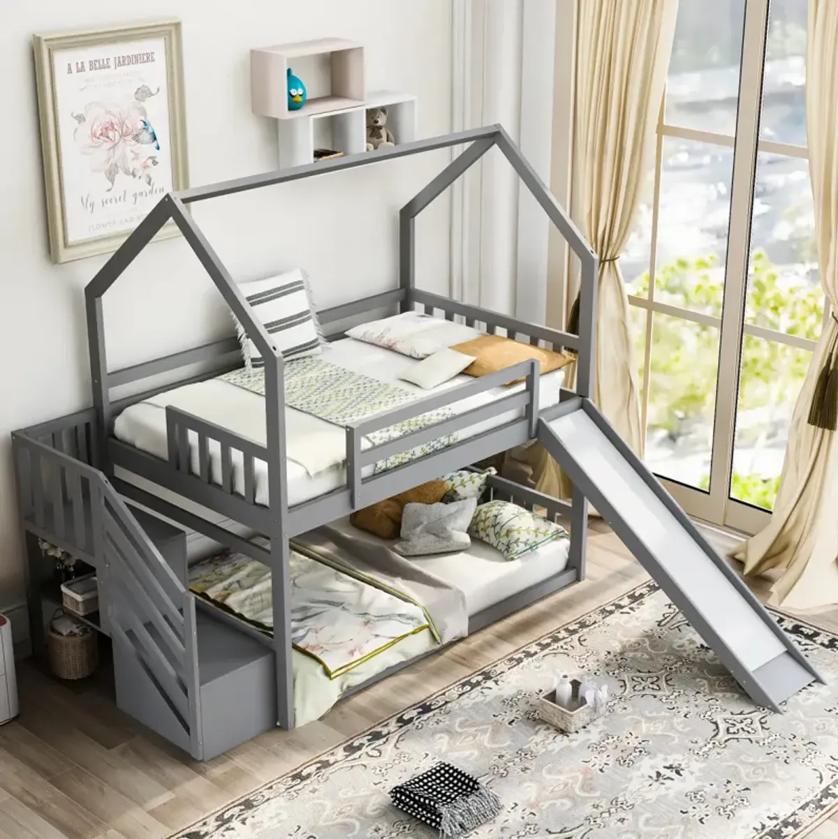 Twin Over Twin House Bunk Bed With Convertible Slide, Storage Staircase