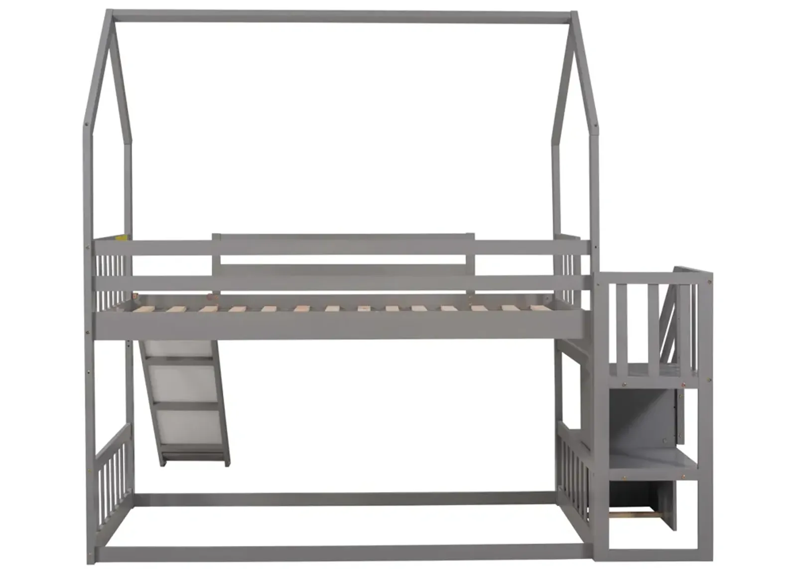 Twin Over Twin House Bunk Bed With Convertible Slide, Storage Staircase