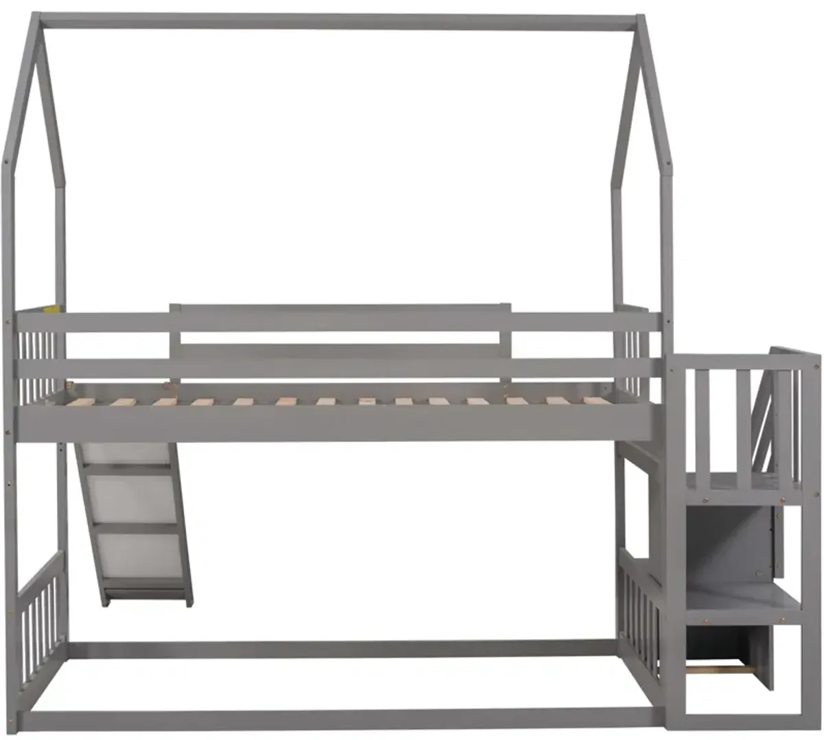 Twin Over Twin House Bunk Bed With Convertible Slide, Storage Staircase