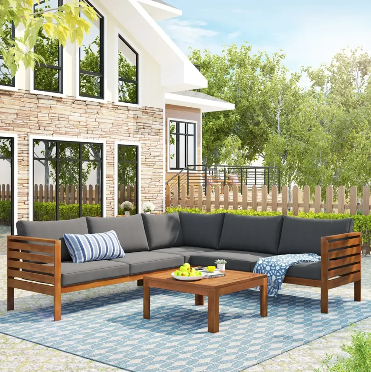 Merax Wood Structure Outdoor Sofa Set with Table