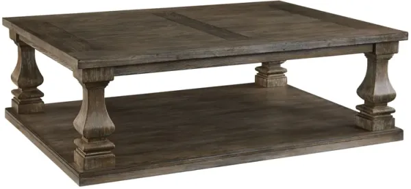 Classic 54 Inch Coffee Table, Baluster Legs, Spacious Top, Weathered Gray-Benzara