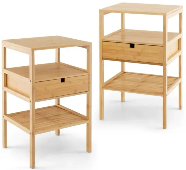 Nightstand Set of 2 Bamboo End Table with 2 Open Shelves and Drawer-Set of 2