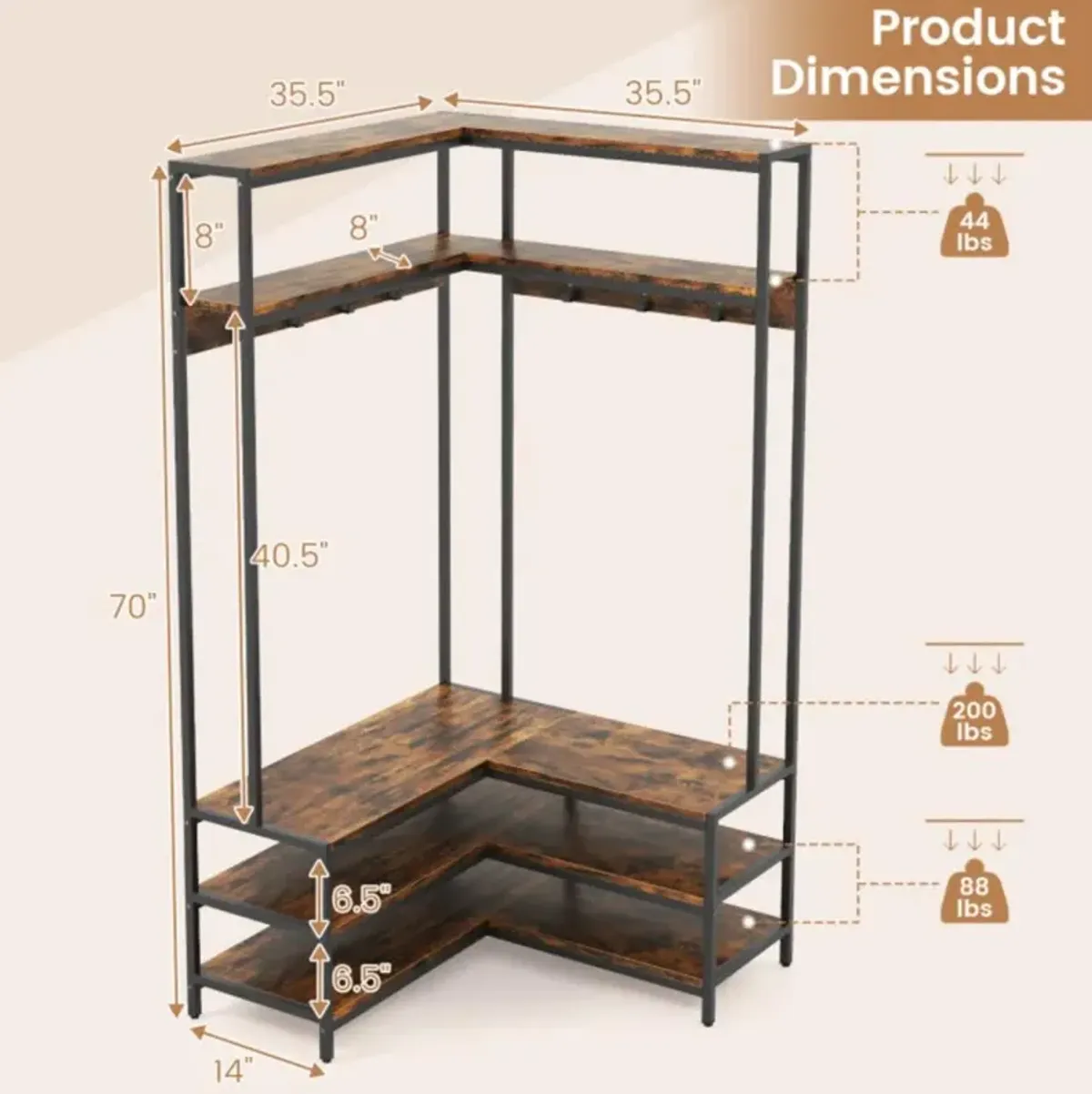 Corner Garment Rack with Open Shelves and 7 Hooks Shoe Bench