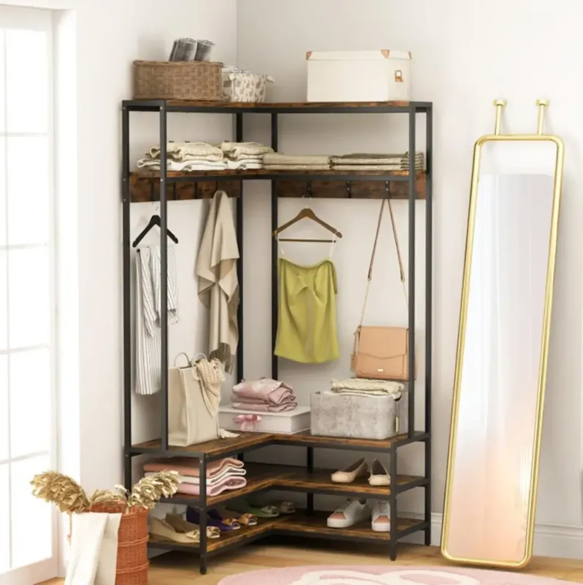 Corner Garment Rack with Open Shelves and 7 Hooks Shoe Bench