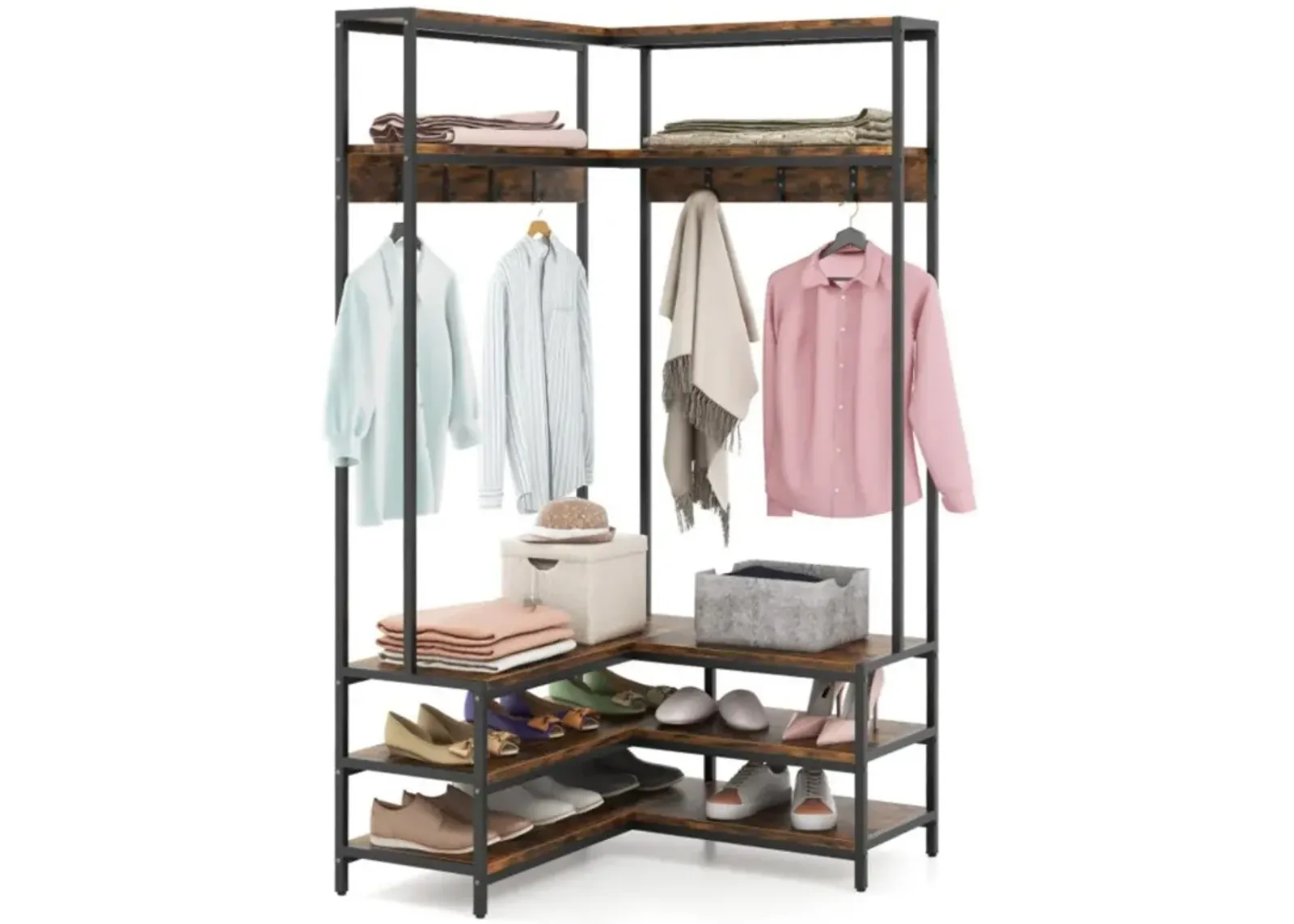 Corner Garment Rack with Open Shelves and 7 Hooks Shoe Bench