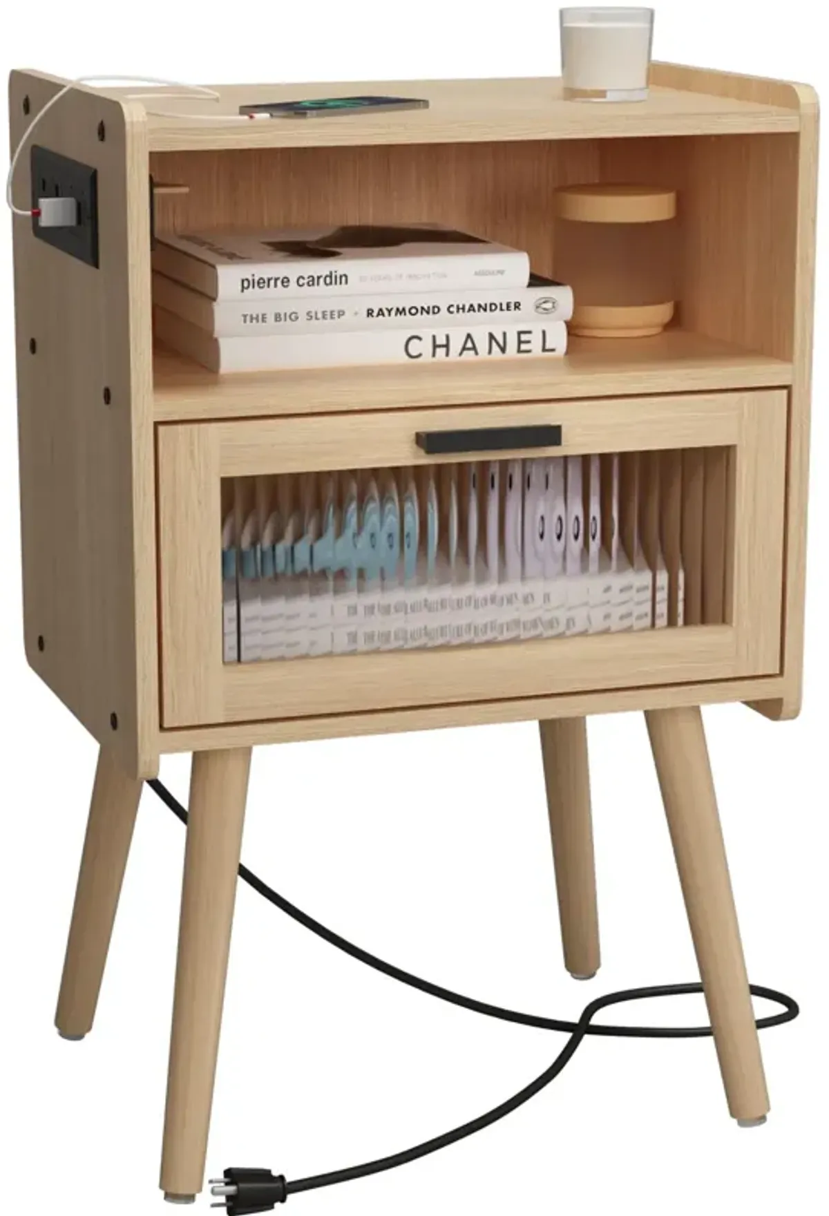 SOOWERY Mid Century Modern Nightstand with Charging Station, Bedside Tables with Glass Drawer, End Table Side Table with 2 Tiers