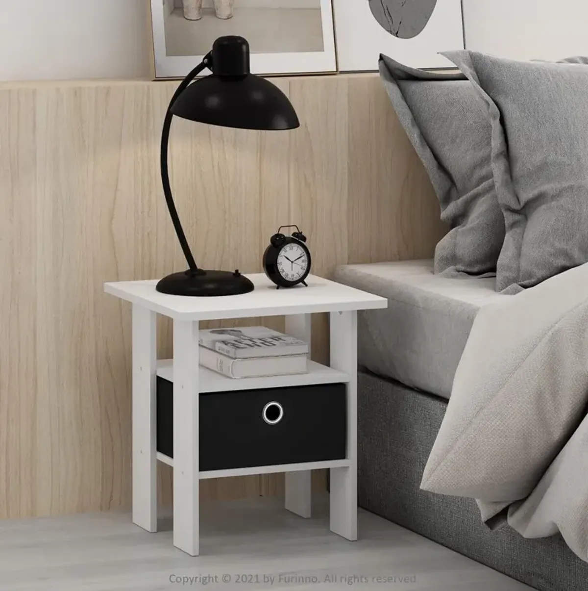 Furinno Andrey End Table Nightstand with Bin Drawer, White/Black, Set of 2