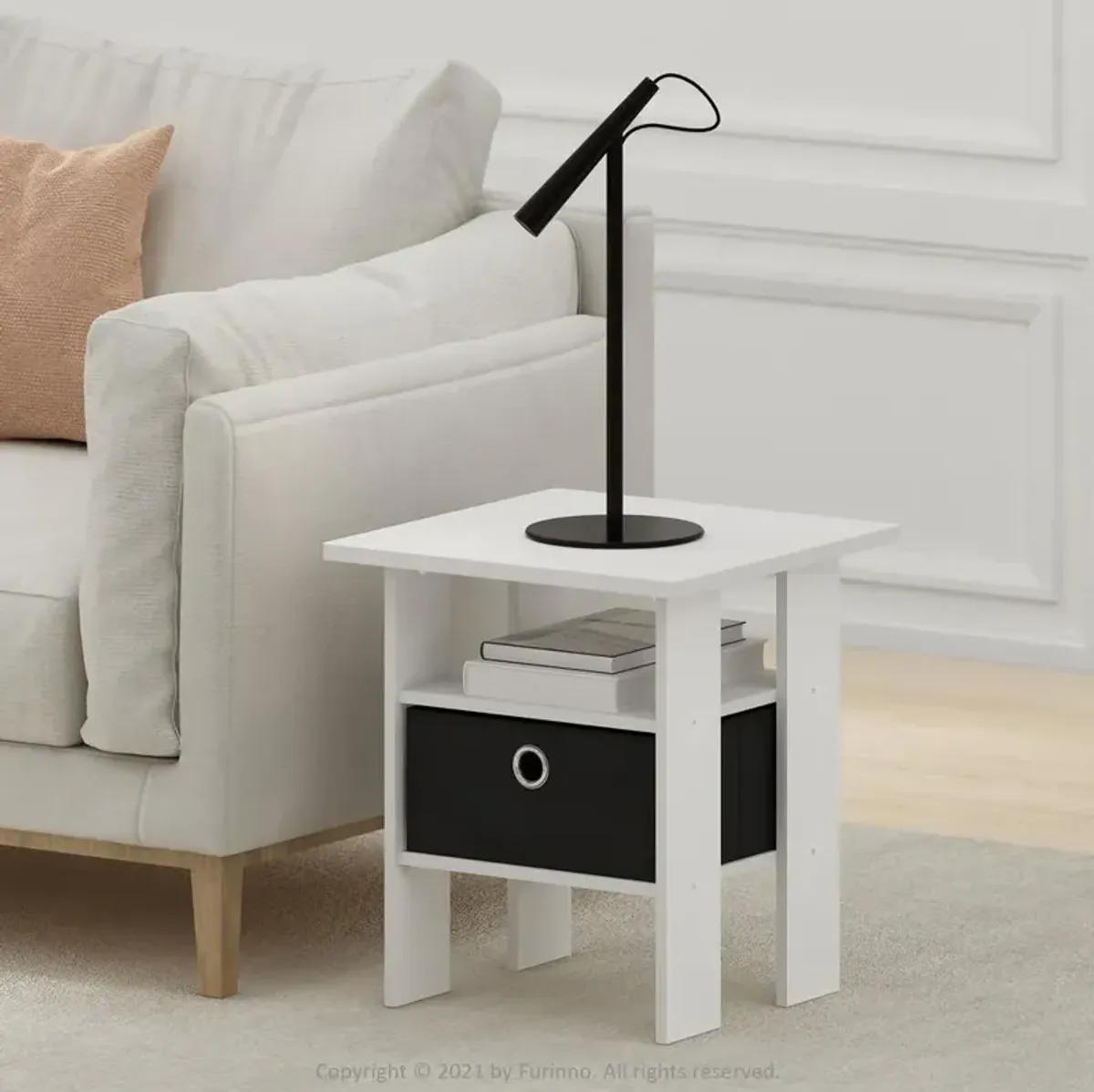 Furinno Andrey End Table Nightstand with Bin Drawer, White/Black, Set of 2