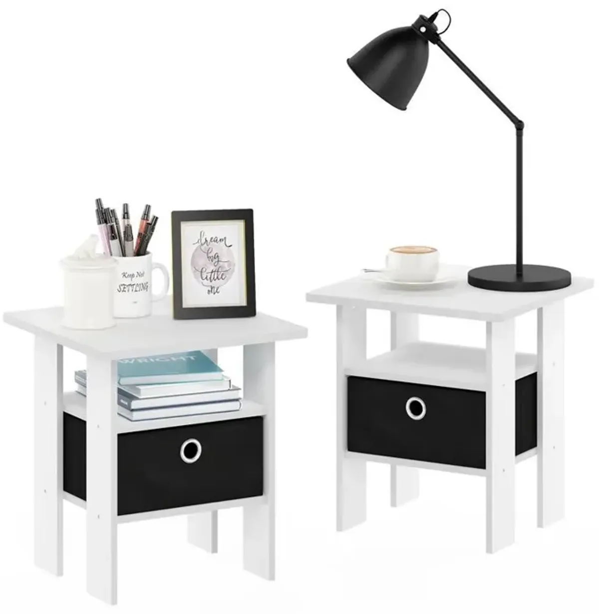 Furinno Andrey End Table Nightstand with Bin Drawer, White/Black, Set of 2