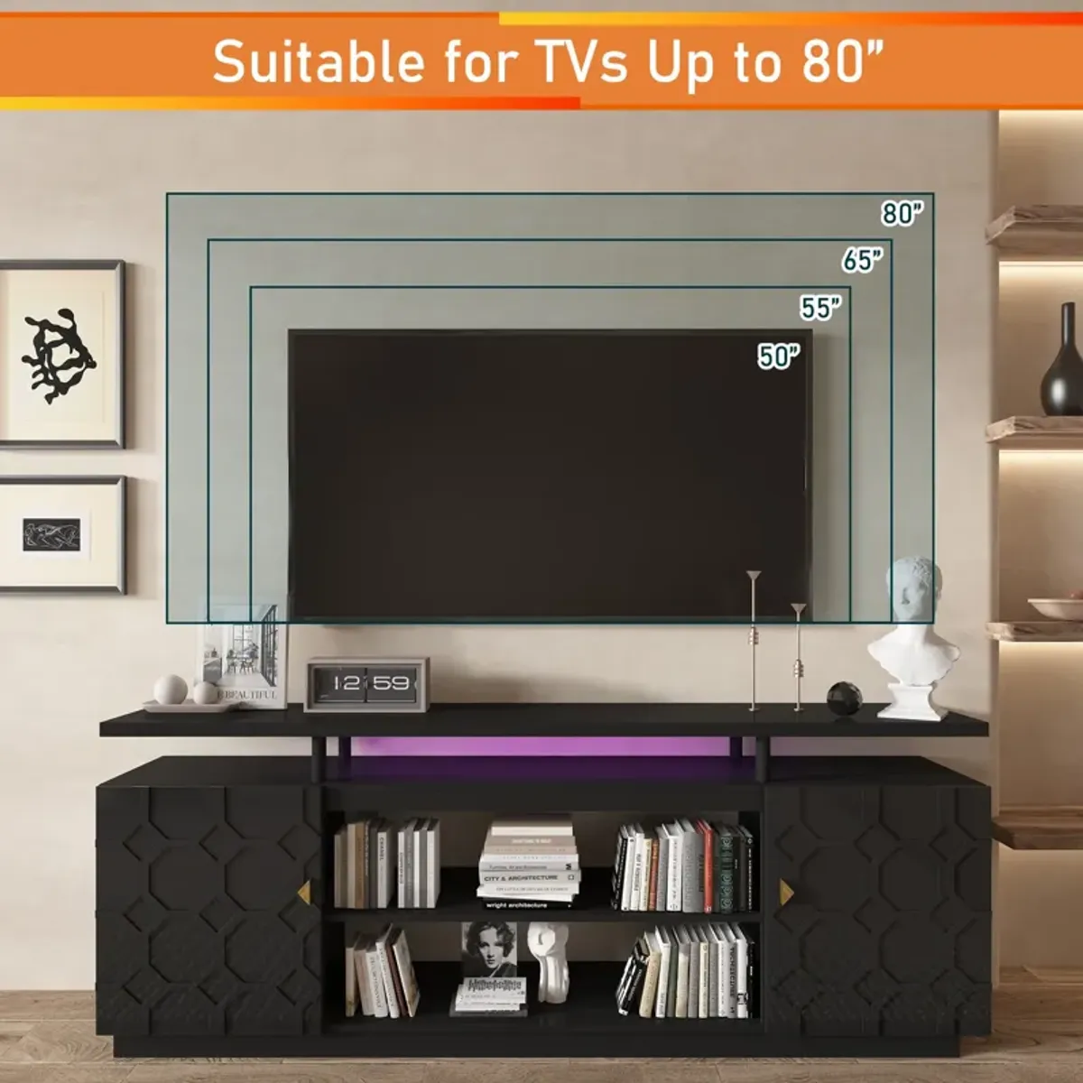 Black Multifunctional TV Stand Fits TVs up to 70 to 80 in.