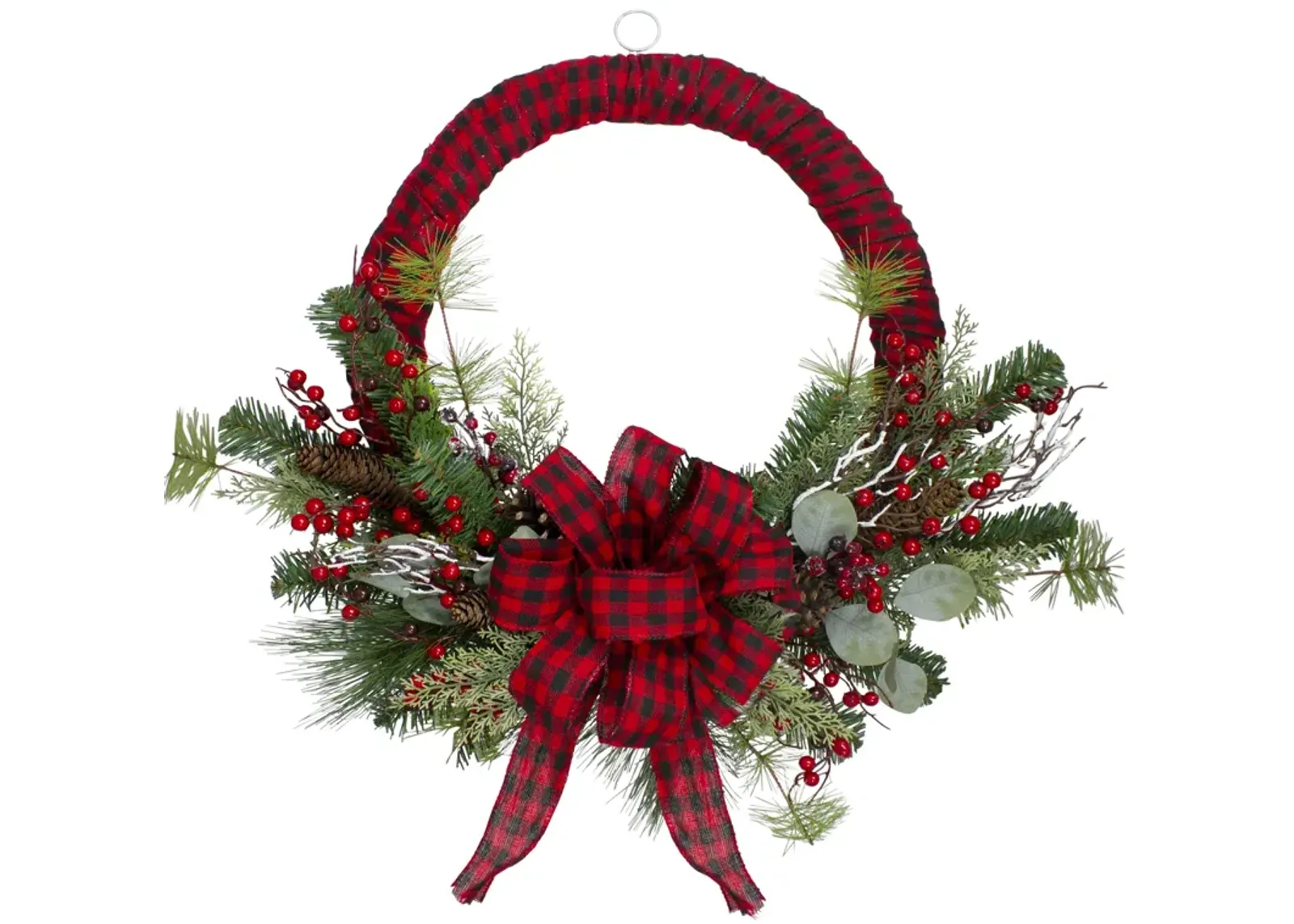 Red and Black Buffalo Plaid and Berry Artificial Christmas Wreath - 24-Inch  Unlit