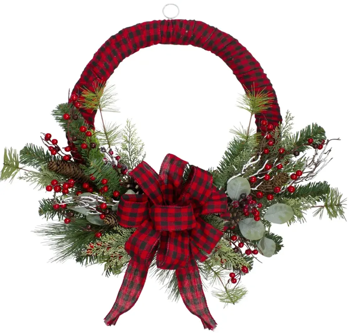 Red and Black Buffalo Plaid and Berry Artificial Christmas Wreath - 24-Inch  Unlit