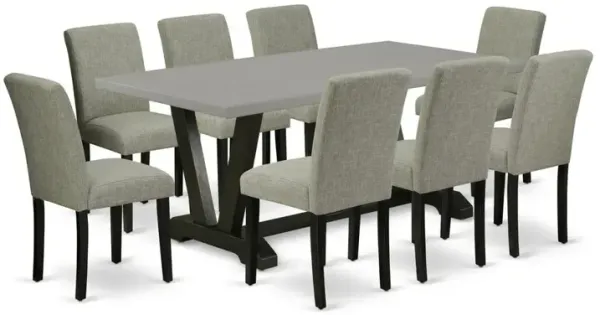 East West Furniture 9-Pc Dinette Room Set - 8 Kitchen Parson Chairs and 1 Modern Rectangular Cement Kitchen Table Top with High Chair Back - Wire Brushed Black Finish