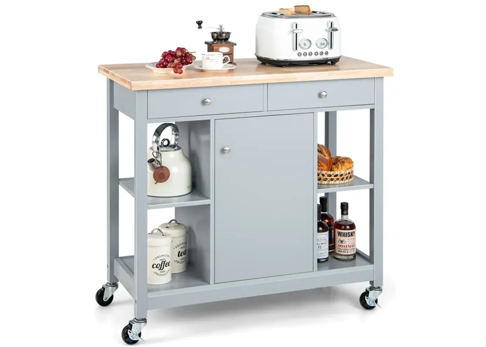 Mobile Kitchen Island Cart with 4 Open Shelves and 2 Drawers