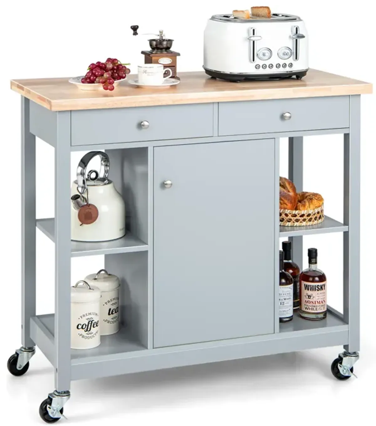 Mobile Kitchen Island Cart with 4 Open Shelves and 2 Drawers