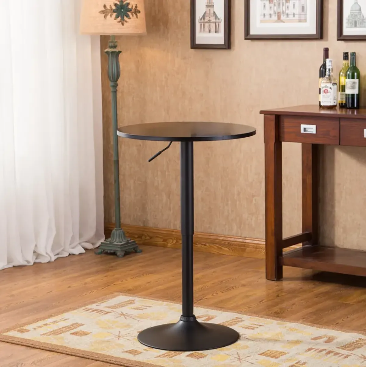 Belham Black Round Top Adjustable Height Bar Table and 2 Bonded Leather Swivel Bar Stools