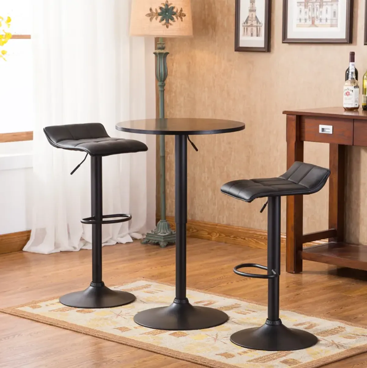 Belham Black Round Top Adjustable Height Bar Table and 2 Bonded Leather Swivel Bar Stools