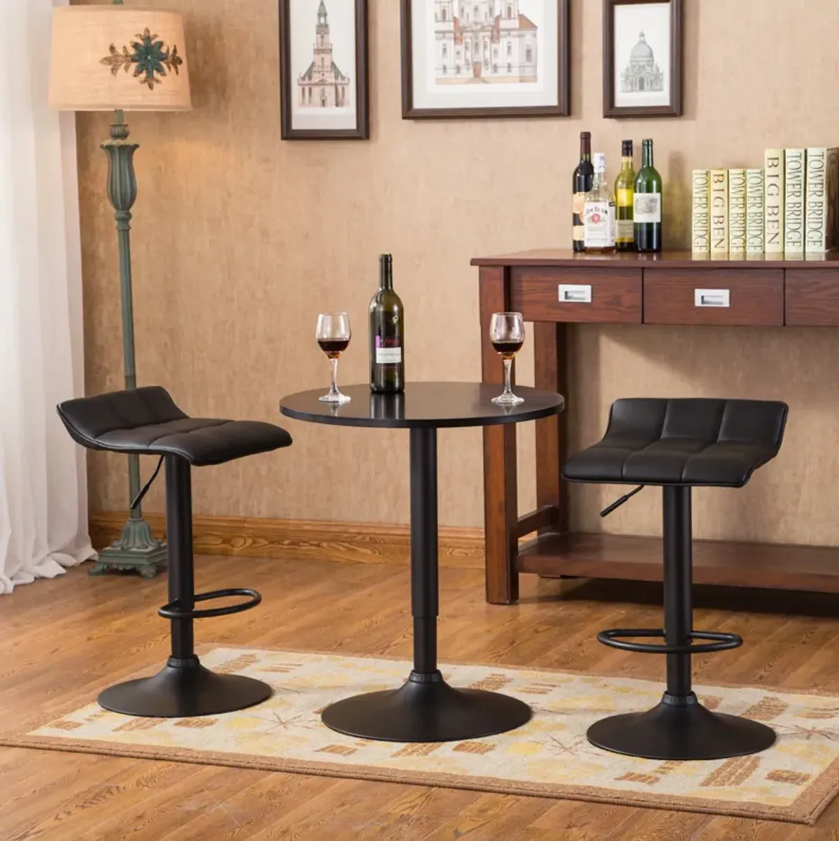 Belham Black Round Top Adjustable Height Bar Table and 2 Bonded Leather Swivel Bar Stools