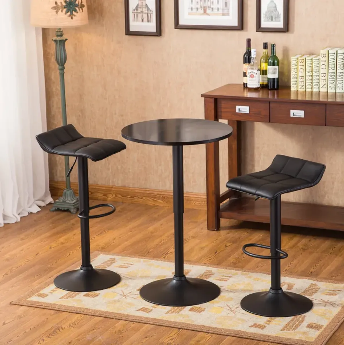 Belham Black Round Top Adjustable Height Bar Table and 2 Bonded Leather Swivel Bar Stools