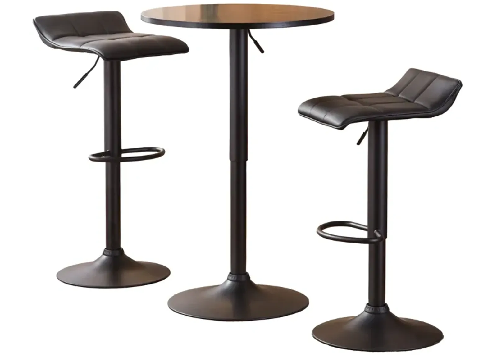 Belham Black Round Top Adjustable Height Bar Table and 2 Bonded Leather Swivel Bar Stools