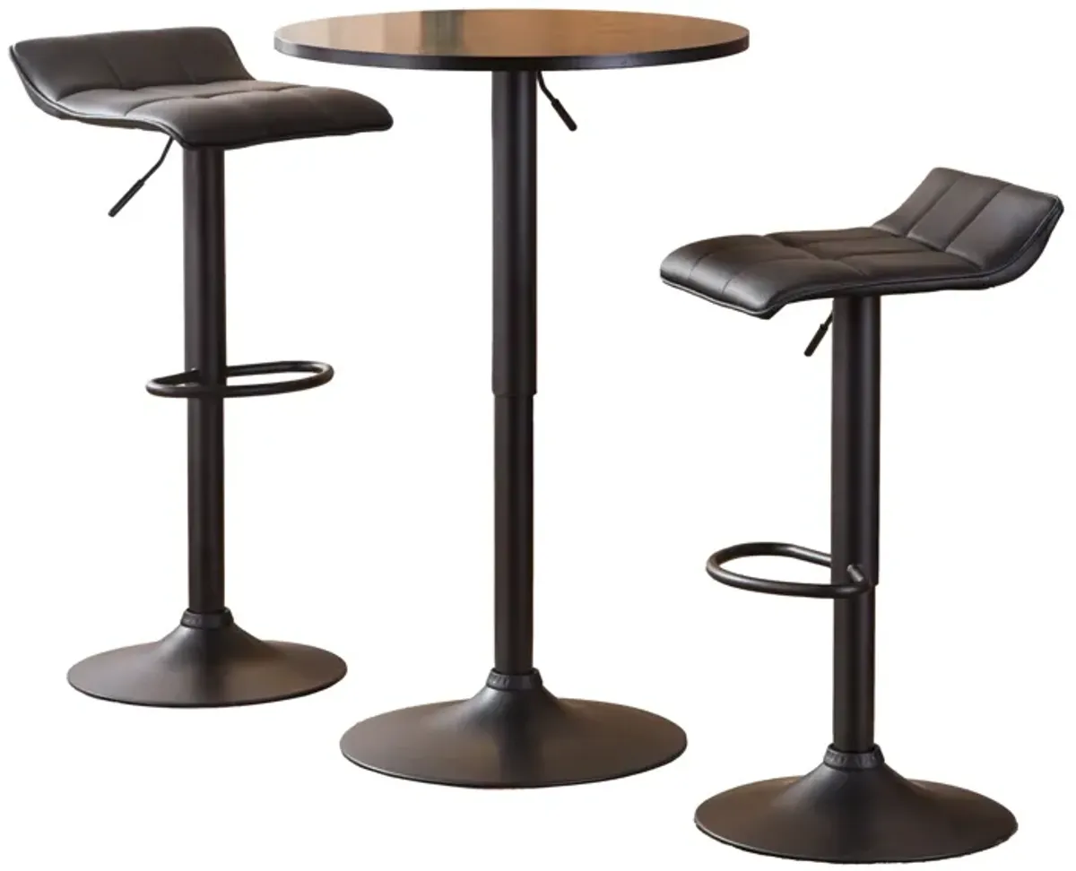 Belham Black Round Top Adjustable Height Bar Table and 2 Bonded Leather Swivel Bar Stools