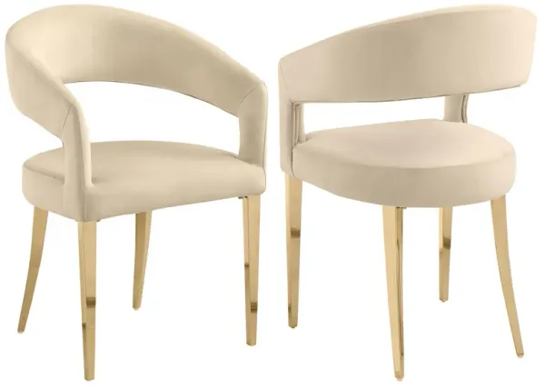 Liano Dining Chair Set of 2, Curved Open Back, Gold Legs, Beige Fabric - Benzara