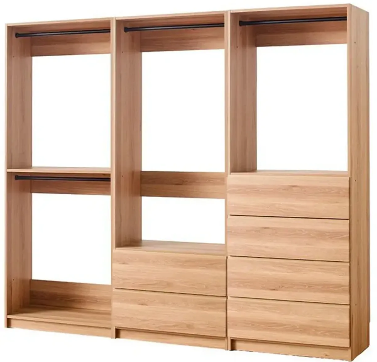 Dee Modular Closet System, Freestanding, 4 Clothing Racks, 6 Drawers, Oak  - Benzara