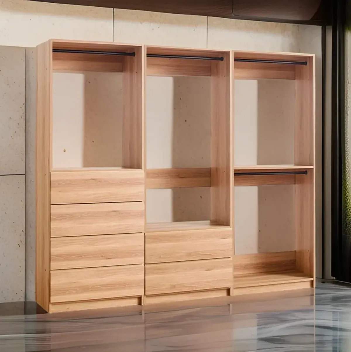 Dee Modular Closet System, Freestanding, 4 Clothing Racks, 6 Drawers, Oak  - Benzara