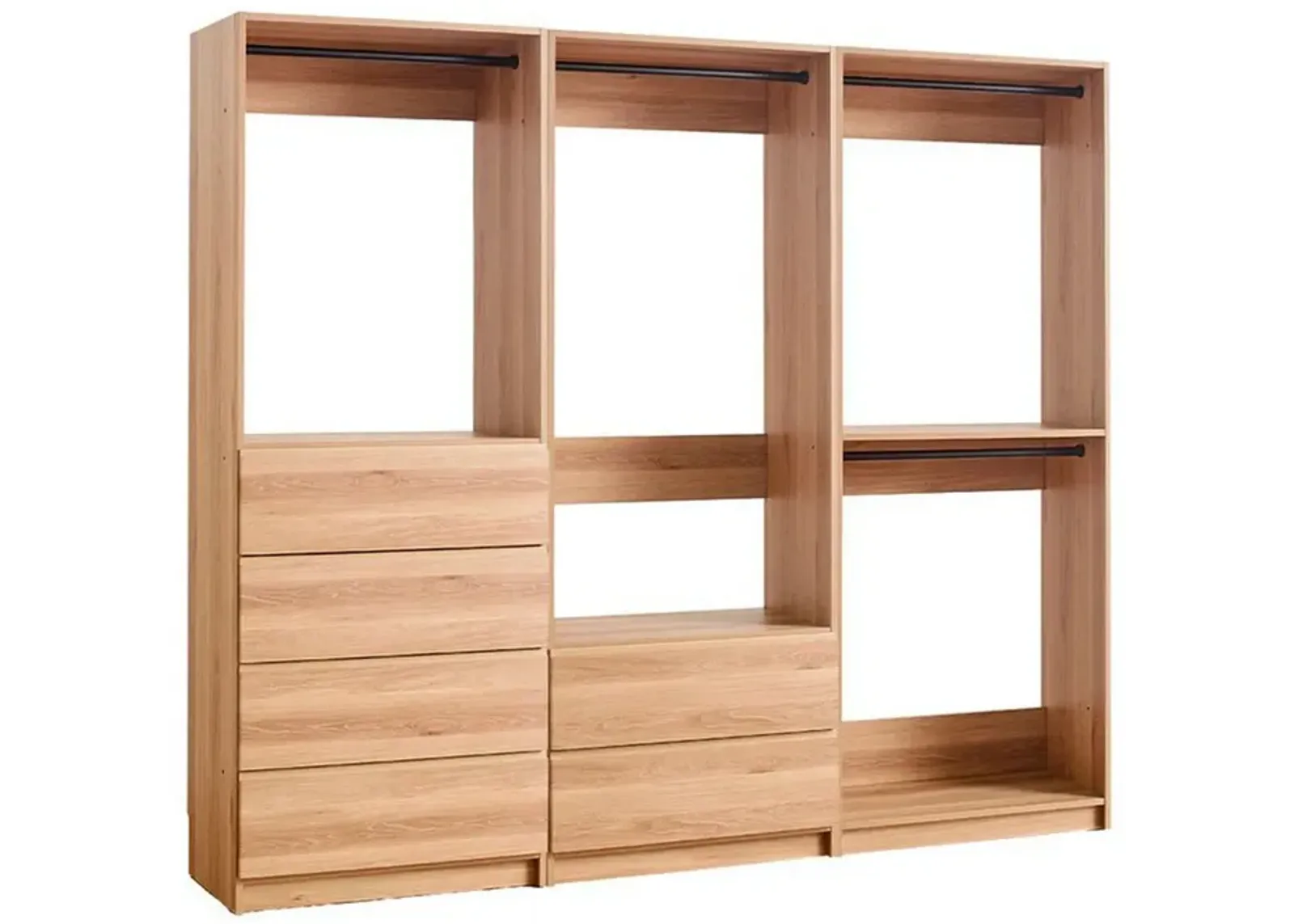 Dee Modular Closet System, Freestanding, 4 Clothing Racks, 6 Drawers, Oak  - Benzara