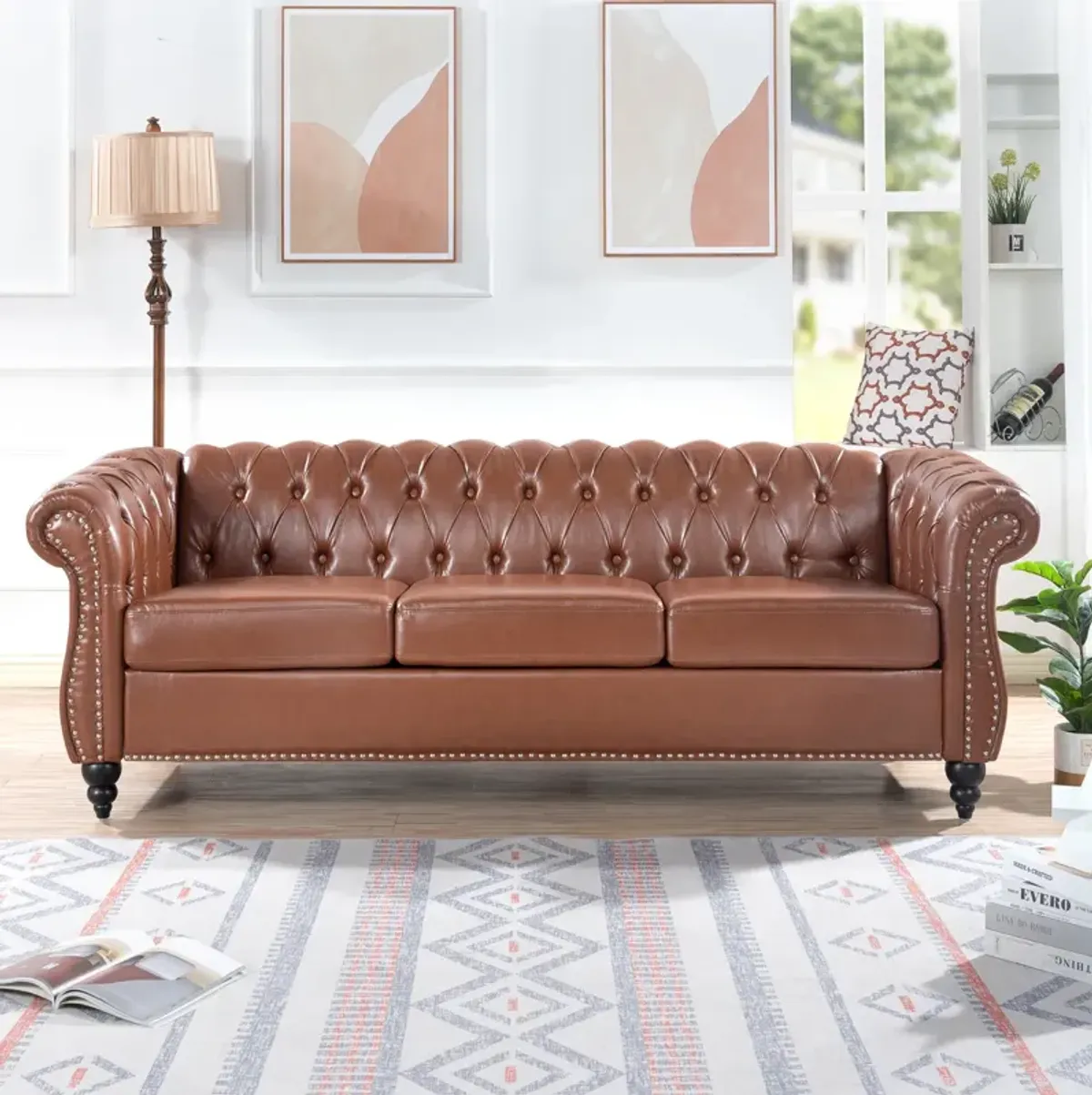 Brown PU Rolled Arm Chesterfield Three Seater Sofa