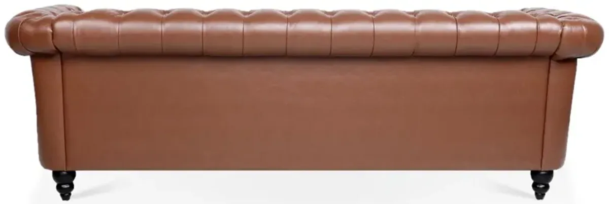 Brown PU Rolled Arm Chesterfield Three Seater Sofa