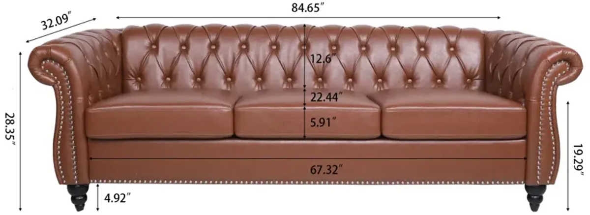 Brown PU Rolled Arm Chesterfield Three Seater Sofa