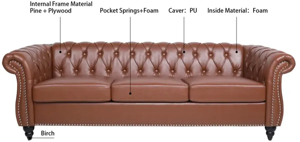 Brown PU Rolled Arm Chesterfield Three Seater Sofa