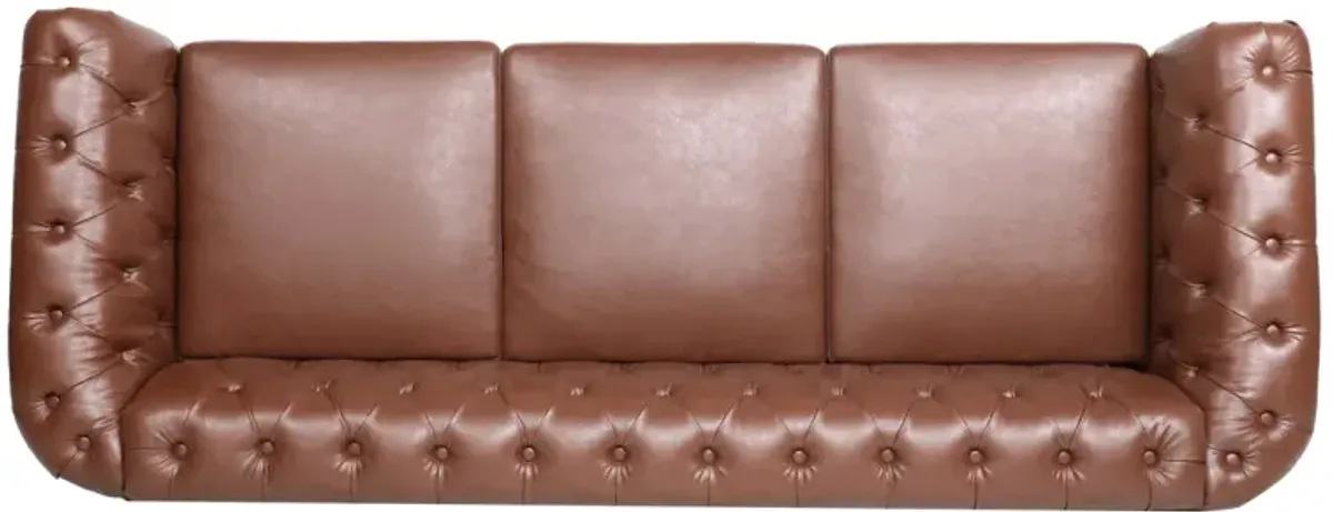 Brown PU Rolled Arm Chesterfield Three Seater Sofa